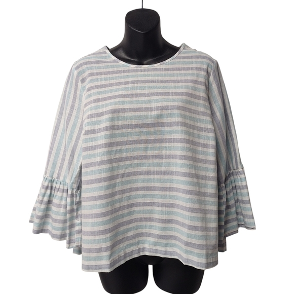 Hem & Thread Tops - Hem & Thread Linen Striped Tie Neck Bell Sleeve Open Back Top Blouse Sz L NWT